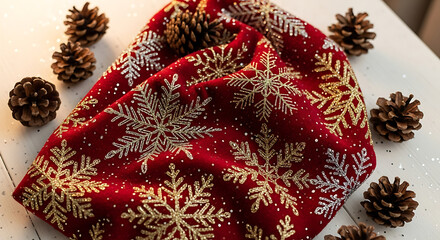 Festive red velvet cloth adorned with delicate snowflakes and pinecones.