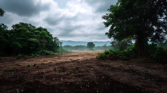 A cleared field at the edge of a lush forest with mountains in the distance under a dramatic cloudy sky
