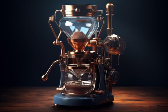 Steampunk style coffee machine brewing a fresh cup of coffee, featuring intricate copper and glass details on a wooden table