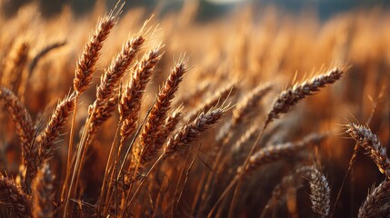 Golden wheat field at sunset, closeup of ripe ears in warm sunlight