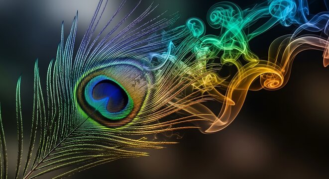 Vibrant Peacock Feather with Colorful Smoke Trails Abstract Art.