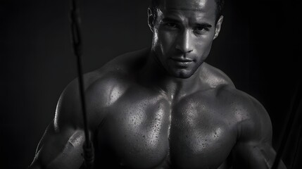 Fototapeta premium A muscular man with a defined physique poses intensely in a dramatic black and white portrait highlighting his strength and fitness