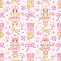 Pastel Coquette Nutcracker and Gift Boxes Christmas Seamless Pattern | Cute Pink Holiday Design