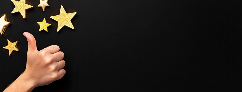 Hand with glowing stars gives thumbs up while pointing toward the top left on a minimalist black background, inviting positivity and inspiration