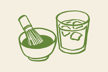 Matcha bowl, whisk, iced glass, hand-drawn sketch vector illustration