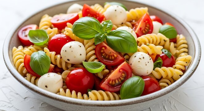 Fusilli pasta salad with cherry tomatoes mozzarella and basil image - Powered by Adobe