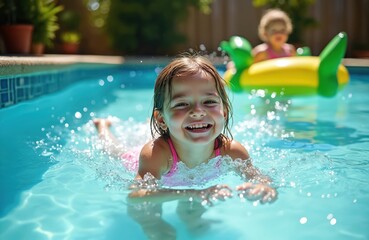 Happy little girl swims in a backyard pool. She makes splashes, smiles, enjoys summer water fun. Another kid plays on a float in background. Children have fun holiday.