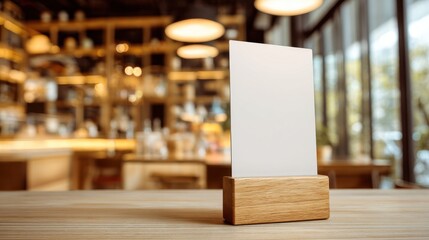 Blank menu on a wooden table in a restaurant with bokeh background