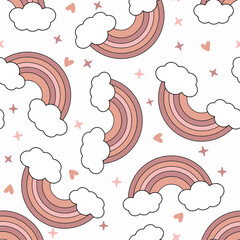Seamless rainbow pattern on a white background. Scandinavian style playful design for nursery, baby clothes, wrapping paper, invitations, and kids textiles. Colorful and cheerful vector illustration