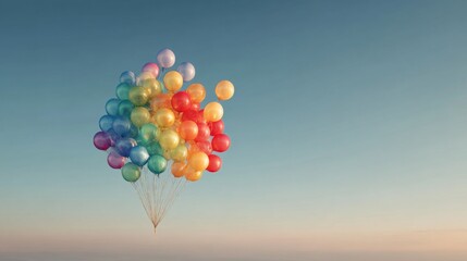 Fototapeta premium Colorful Bunch of Balloons Floating Against a Clear Blue Sky During a Calm Day, Symbolizing Joy, Celebration, and Freedom in Bright Vibrant Shades
