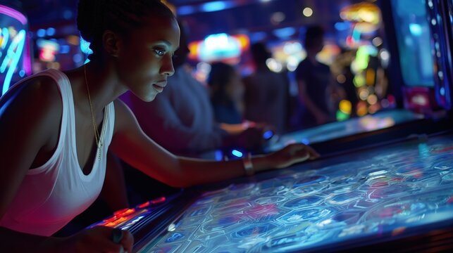 A focused individual plays an arcade game, illuminated by vibrant lights, showcasing a lively atmosphere filled with entertainment.