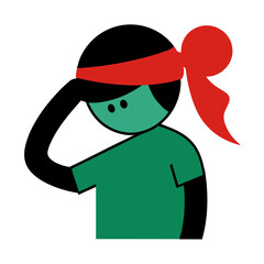 Stylized figure with red hair accessory and green clothing on black background