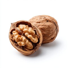 Close-up of a walnut with a cracked shell revealing the delicious nutmeat