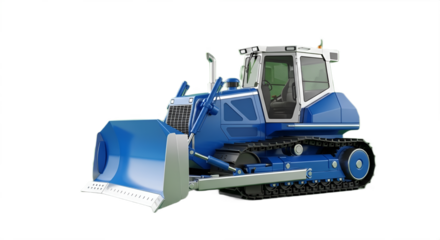 A striking blue bulldozer is displayed with its powerful tracks and robust design on black.
