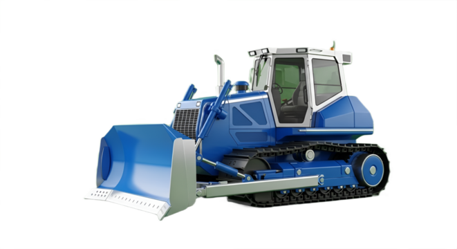 A striking blue bulldozer is displayed with its powerful tracks and robust design on black.