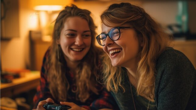 Two friends share laughter while playing video games in a cozy indoor setting, showcasing joy and connection in their gaming experience.