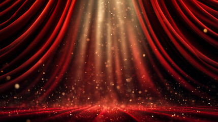 Luxurious red velvet stage curtain softly lit by spotlight beams with glowing golden dust, dramatic and elegant theater background ideal for show or cinematic presentation use