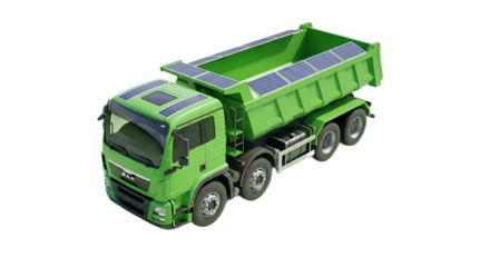 An elevated, isolated view of a vibrant green dump truck fitted with solar panels for efficiency.