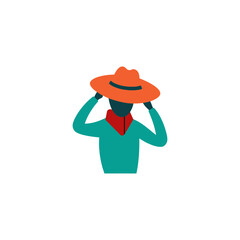 Stylized figure adjusting an orange wide brimmed hat