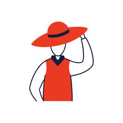 Stylized figure in red hat and vest with dark background