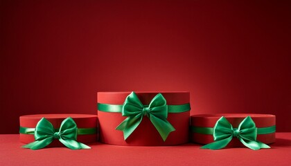 Green empty podiums on green background with many red velvet tied bows. Christmas display background. Generated image