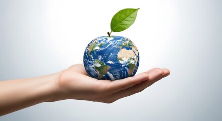 Hand holding planet earth with green leaf sprout globe world