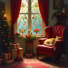 Christmas room with decorated fir tree and sleeping cat