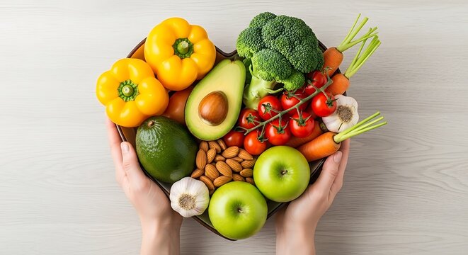 Hands holding heart shaped bowl filled with fresh fruits and vegetables image