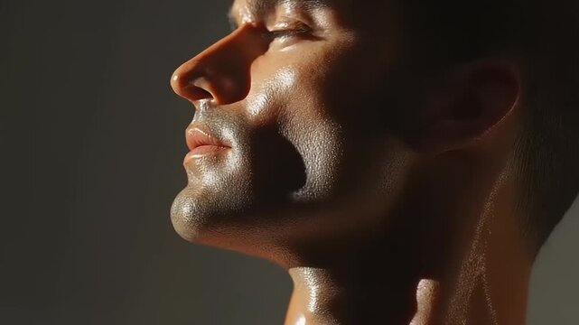Close up of male face glistening with moisture under dramatic lighting