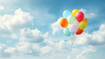 Colorful Balloons Floating in a Bright Blue Sky with Soft Clouds in a Cheerful Atmosphere Ideal for Celebrations and Festive Occasions