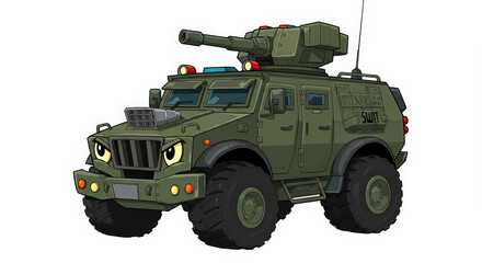 Cartoon armored vehicle illustration with cannon and rotating turret on transparent