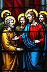 Naklejka premium Jesus calls disciples to follow him. Stained glass shows religious figures with halos. They stand together in a church interior. Divine light shines on their faces.
