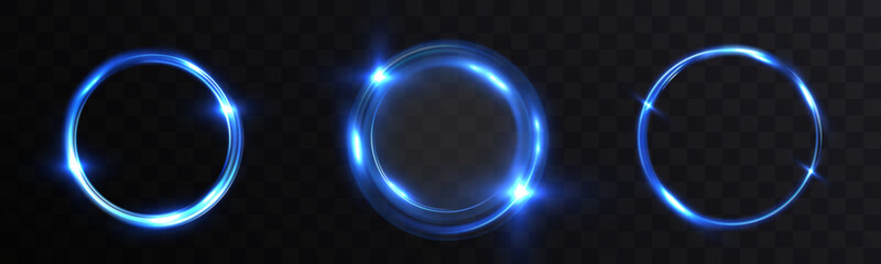 Set of blue glowing circular light rings with energy flow on transparent background, luminous neon round swirl shapes, futuristic glowing halo design elements.
