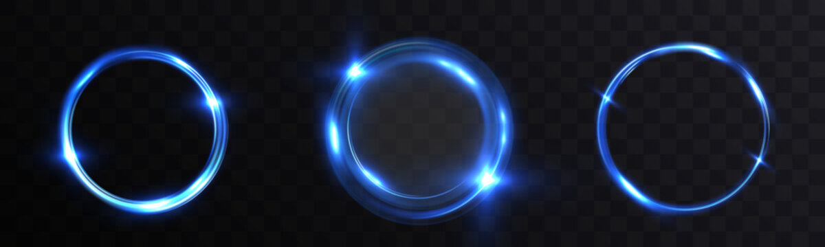Set of blue glowing circular light rings with energy flow on transparent background, luminous neon round swirl shapes, futuristic glowing halo design elements.
