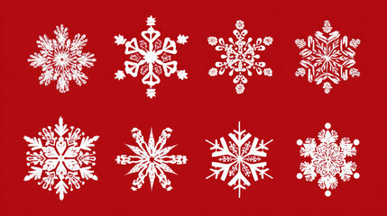 Adorable collection of snowflakes isolated against a crimson backdrop.