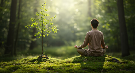 Person meditating in forest with sunlight peaceful moment nature scene