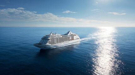 Luxury cruise ship sailing on calm ocean water under bright blue sky with scenic reflection and horizon in the distance, ideal for travel and adventure themes