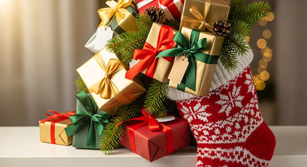 Christmas stocking overflowing with beautifully wrapped presents and festive decorations.