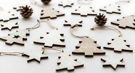 Christmas ornaments and pine cones scattered on a white background, festive arrangement