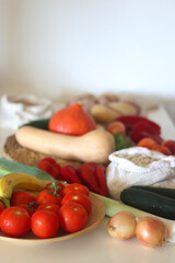 Collection of healthy fruits, vegetables and legumes on white background. Selective focus.