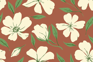 Seamless floral pattern with cream flowers and green leaves on terracotta background. Elegant botanical design. Vintage vector illustration for fabric, textile, wallpaper and wrapping.