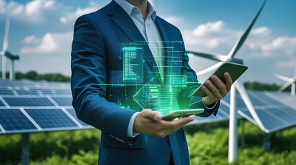 Eco Tech Energy Human Blend – Person with Digital Device in Field of Solar Panels