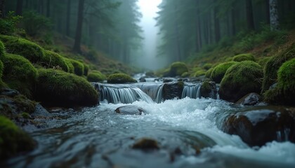 Flowing mountain stream winds through moss covered rocks and dense green forest. Foggy atmosphere creates serene mood. Water cascades gently over stones.
