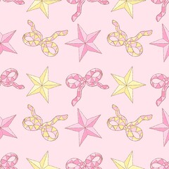 Pink Christmas Stars Bows Seamless Pattern - Kawaii Holiday Ribbons Digital Paper Background Festive Design