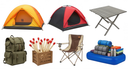 Outdoor camping gear assortment isolated on a transparent background