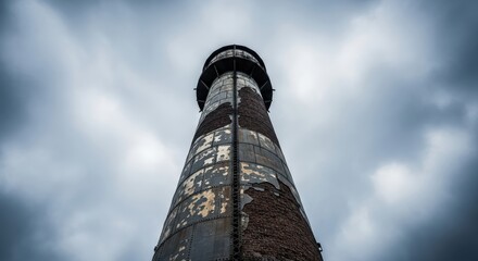 Historic brick lighthouse tower against dramatic cloudy sky