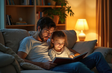 Father and daughter read book on couch at night. Warm lamp light. Cozy living room. Parent reads story, child listens. Family bonding time, learning, imagination.