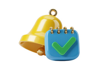 Obraz premium Yellow bell and blue calendar with green checkmark on black background image, Isolated On Transparent Background, Png Cut Out