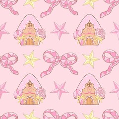 Cute Pink Gingerbread House and Candy Bow Seamless Pattern