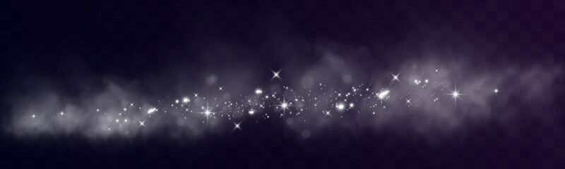 Purple and silver sparkling star trail with cosmic dust on transparent background, magical glittering stardust flow symbolizing cosmic energy, fantasy galaxy wave and luminous nebula design element.
